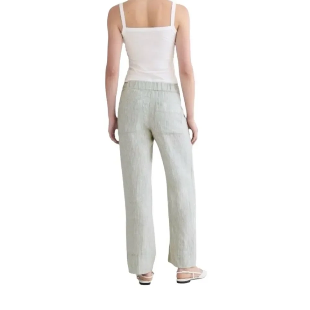 Everlane Flax Linen Size Large Green with White Strips Elastic Waistband